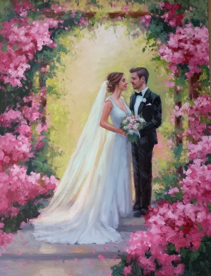 Live wedding ceremony painting, rose wedding arbor, floral arch