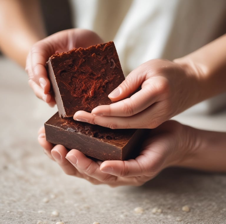 A hand holding a piece of brown soap against a plain background. The soap has a natural, handmade appearance with a slightly uneven surface.