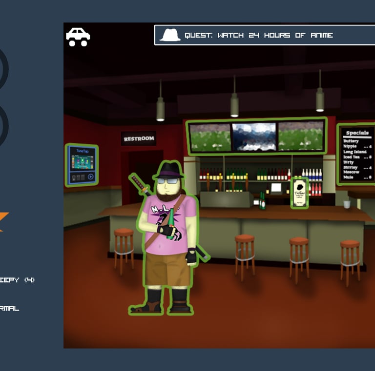 Gameplay screenshot with the neckbeard main character standing in the bar holding a beer