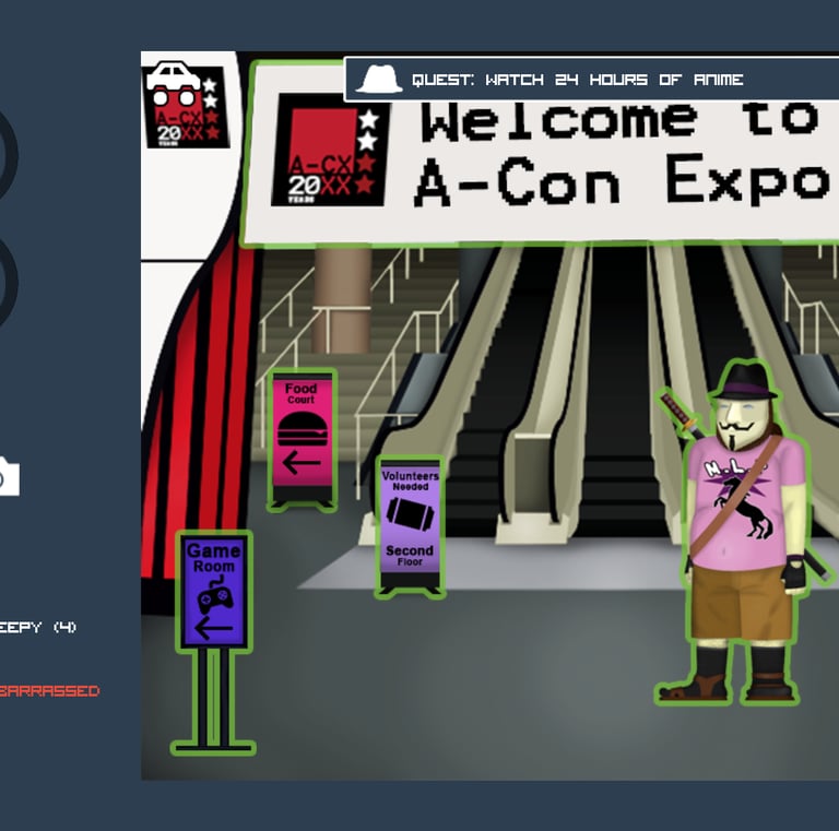 Gameplay screenshot with the neckbeard main character in the center of an anime convention