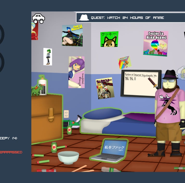Gameplay screenshot of the neckbeard main character standing in a dirty room