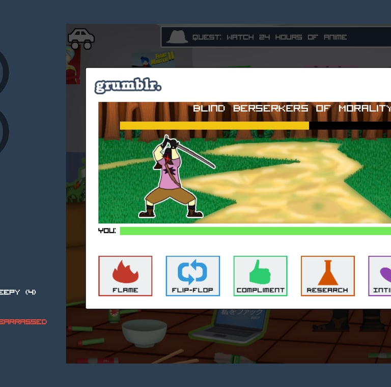 Gameplay screenshot with the main character in an internet argument on a fake website