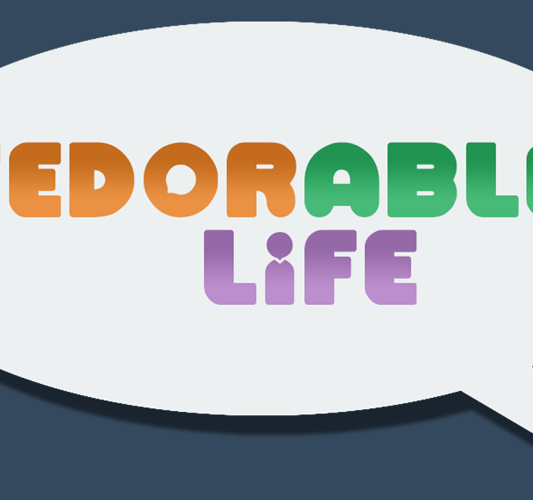 Speech bubble with the game logo Fedorable Life in the center