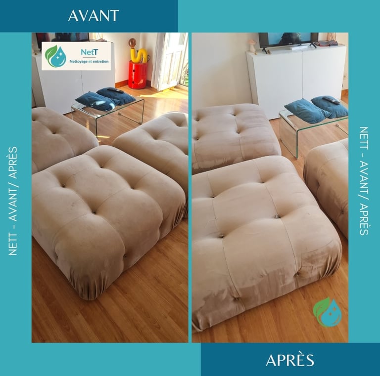 Nettoyage professionnel de canape en tissu beige avant/après par NetT à Montauban
