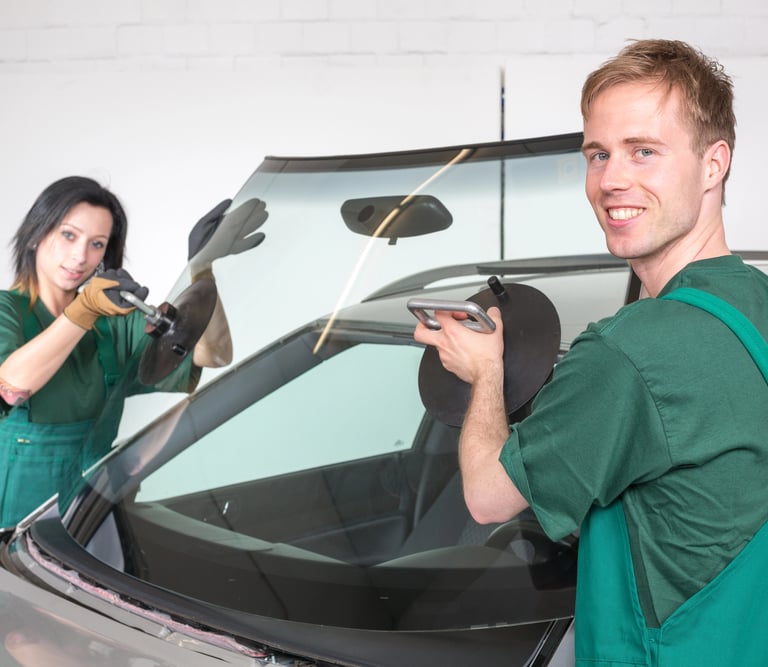 a man and woman in green overalls and gloves are standing in front of a