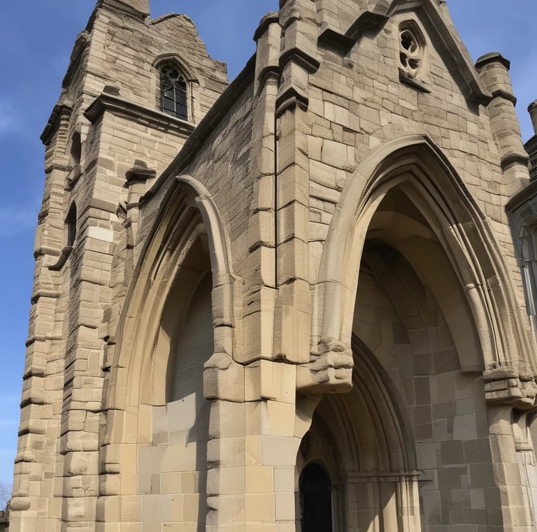 Historic stone gothic revival church architecture featuring pointed arches and a tall masonry bell tower.