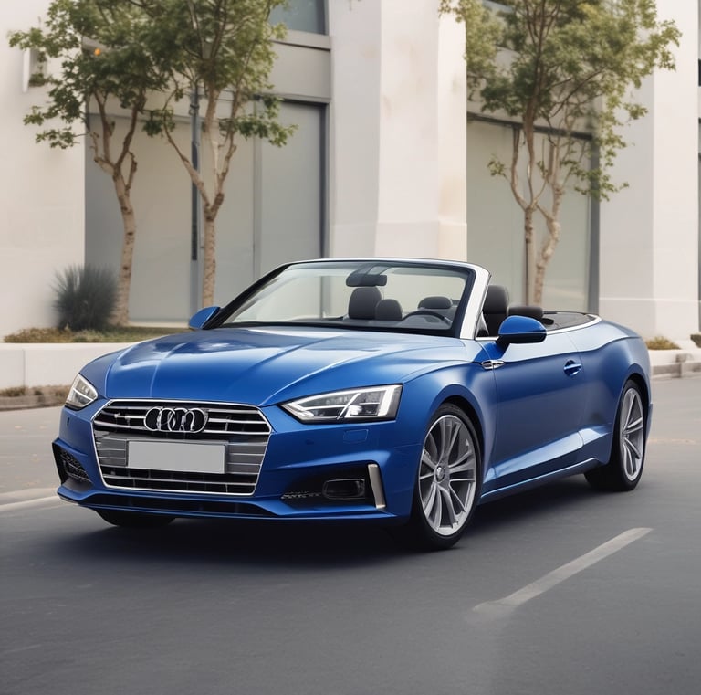 A classic white convertible car is on display in an indoor showroom. The car features round headlights, a distinctive front grille, and a license plate with the code MAE 507H. The showroom has high ceilings with visible lighting fixtures and walls made of glass, allowing silhouettes of people to be seen in the background.