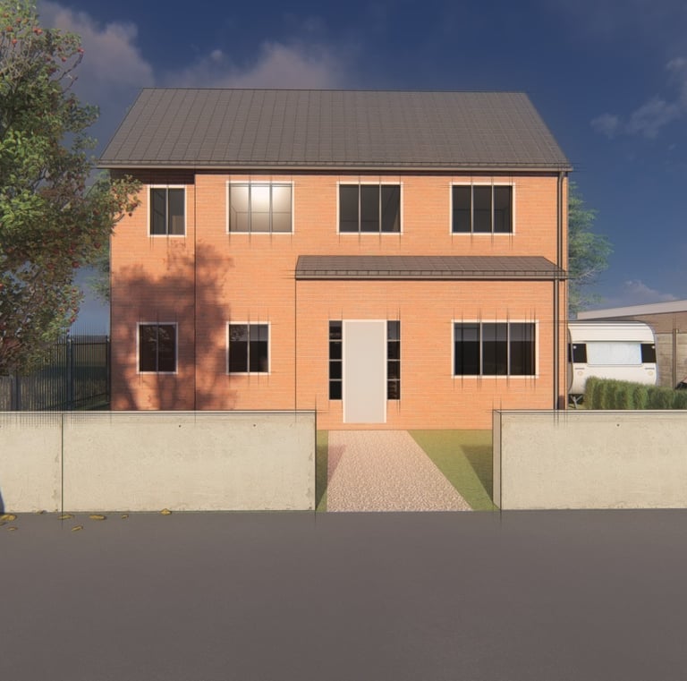 Modern red brick two-story house architectural 3D rendering with driveway and cars.
