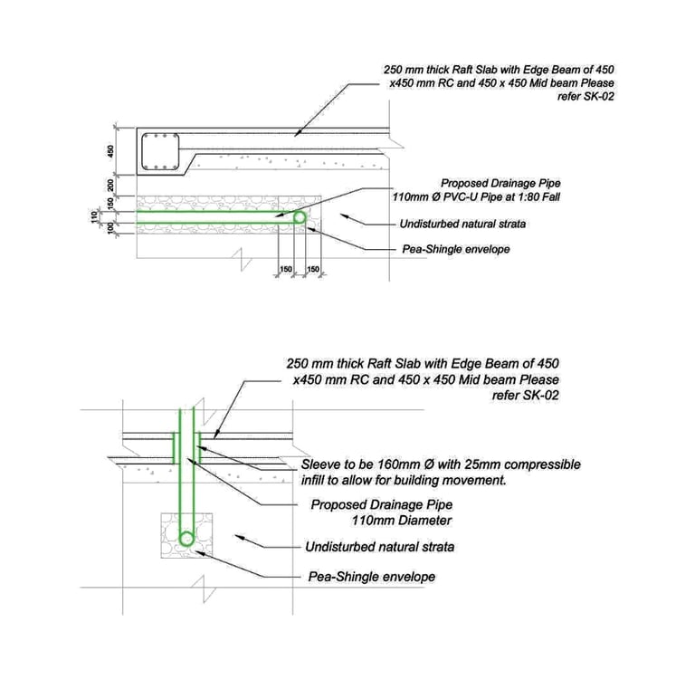 Technical engineering diagram showing concrete raft slab foundation details with drainage pipe and edge beam specifications.