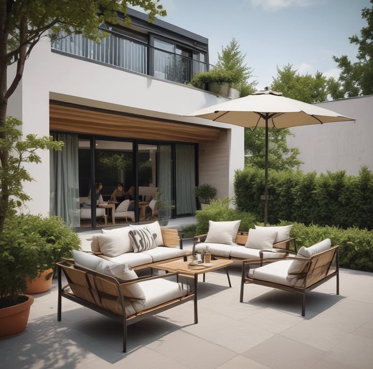 Elegant dining table set under a shaded patio.