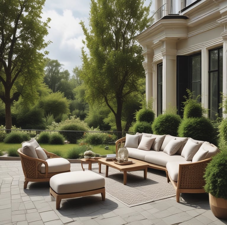 Rustic wooden bench placed in a blooming garden.
