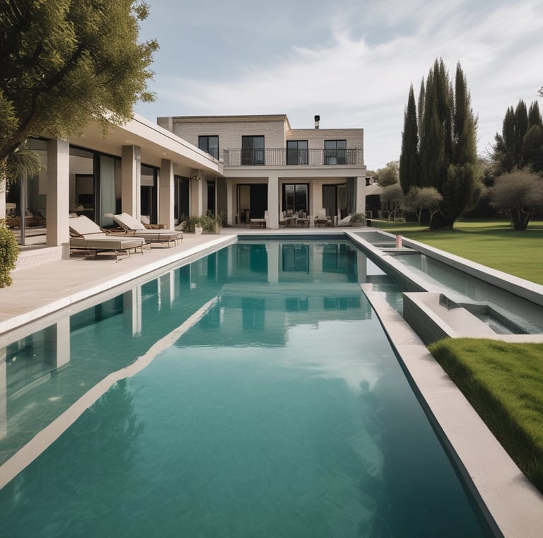 a pool with a large pool and a lawn