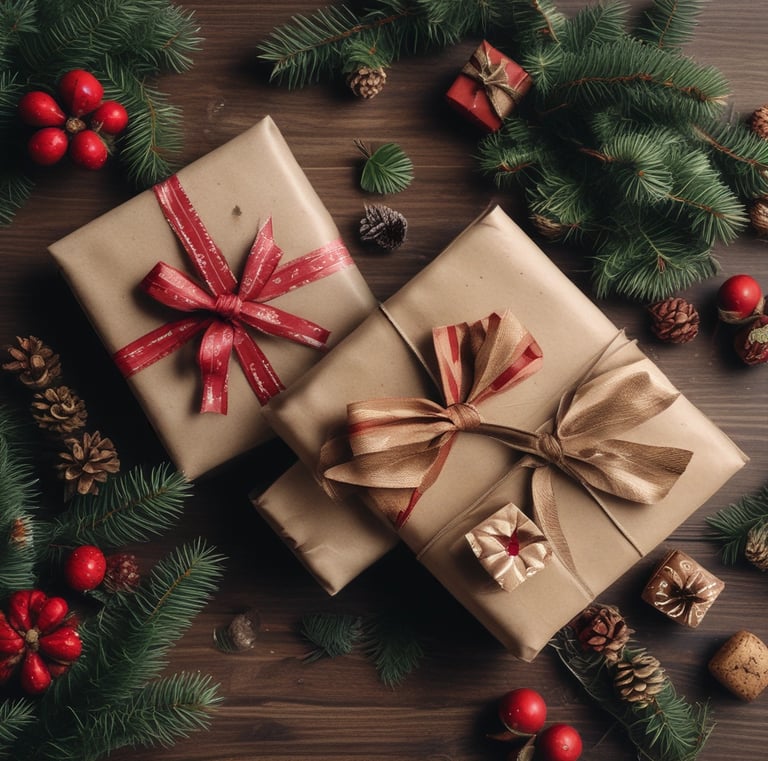 A beautifully wrapped seasonal gift box surrounded by decorations.
