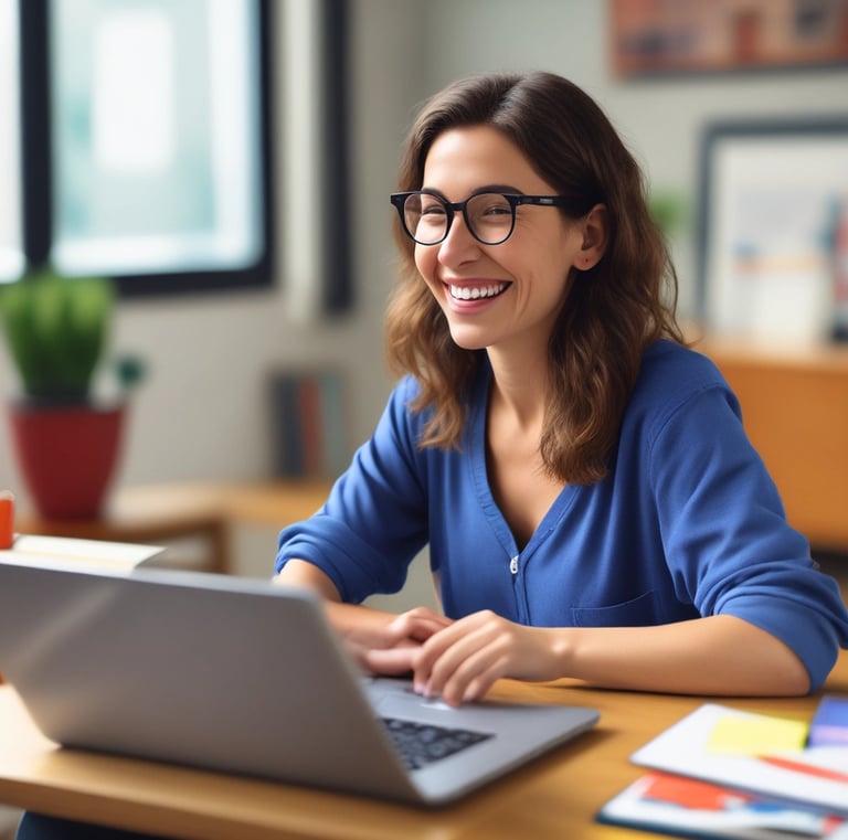 A cheerful teacher interacting with students online