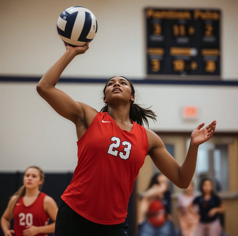 An African American teenage volleyball player in a red jersey (#23) jumps to serve during a competit
