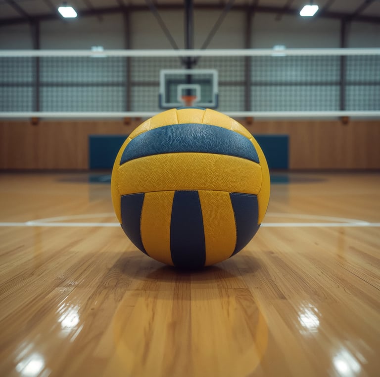 A yellow and blue volleyball resting on a polished indoor court with a net in the background, captur