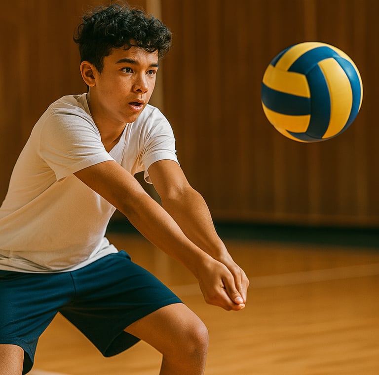 A focused teenage volleyball player in a white t-shirt and navy shorts prepares to bump the ball in