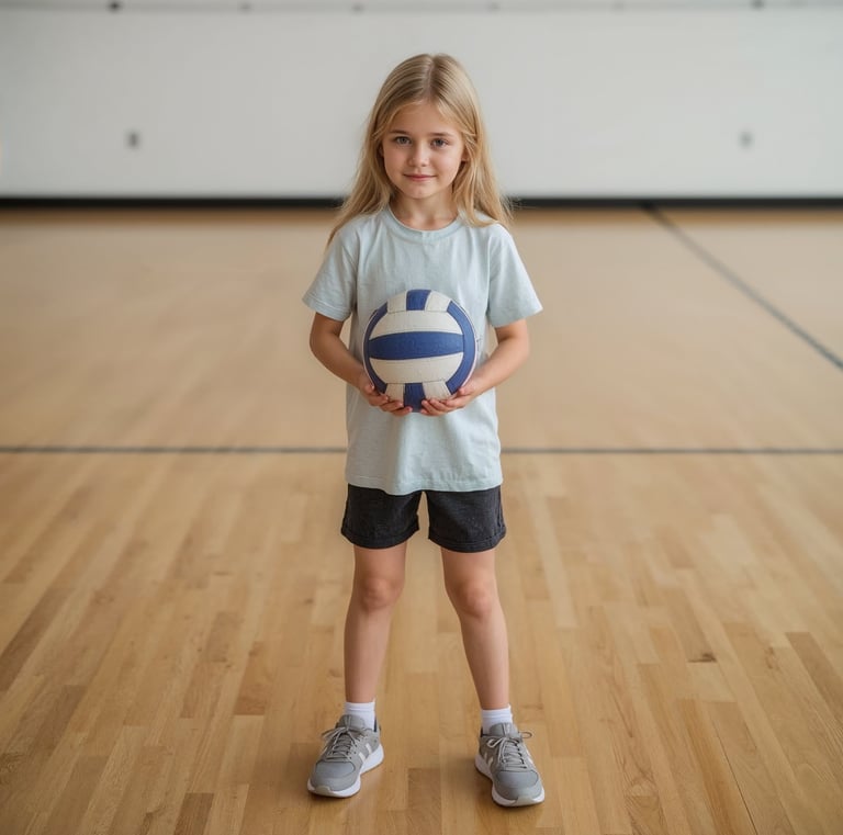 A young blonde girl stands on a gym court holding a volleyball, smiling confidently as she begins le