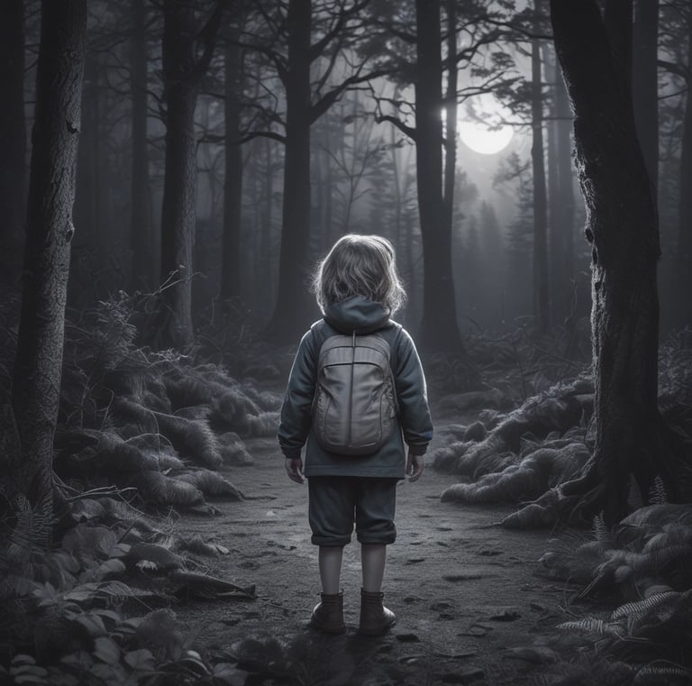 Scene depicting a Halloween-themed setup with three spooky figures resembling witches or scarecrows in front of a faux brick wall. The central figure, dressed in tattered, web-covered clothing, stands behind a rustic wooden bar with a large bottle and goblet atop. To the left, a green-faced figure holds a carved pumpkin. To the right, a rustic scarecrow-like figure has straw for hair. Above them, a picture of a haunted house adds to the eerie atmosphere.