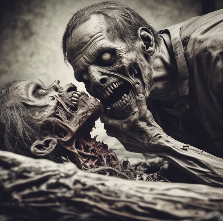 A horror-themed black and white image depicting a person with a gruesome facial injury or special effects makeup. The person's hair is disheveled, and they wear a sleeveless shirt with tattoos visible on the arms. The background appears to be an urban setting out of focus.