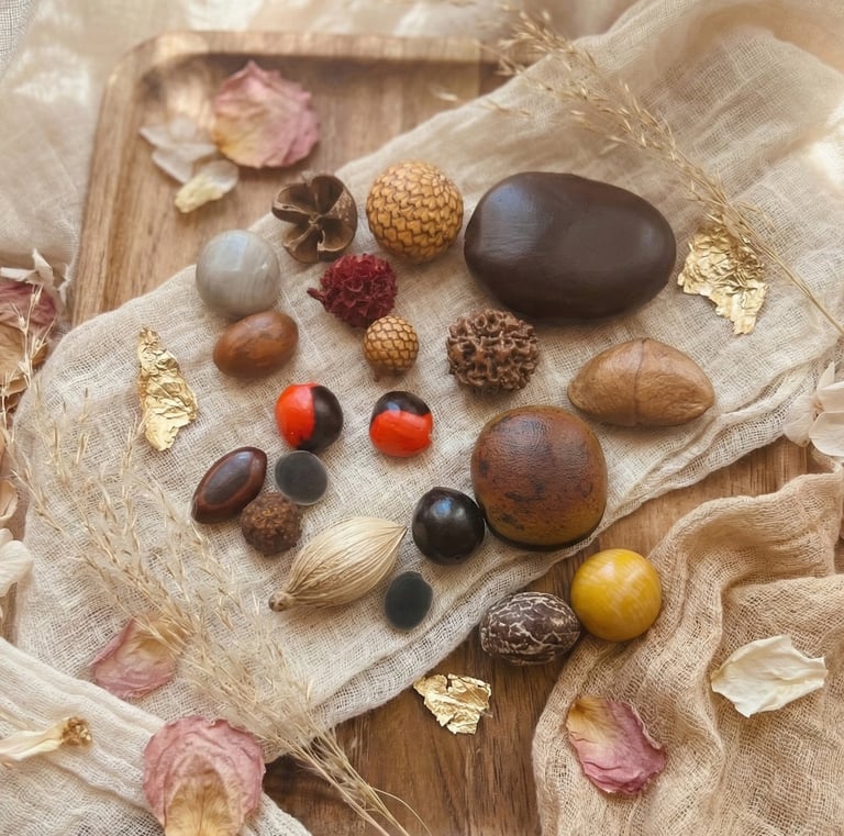 Bijoux avec graines naturelles, détail de la matière et finition artisanale
