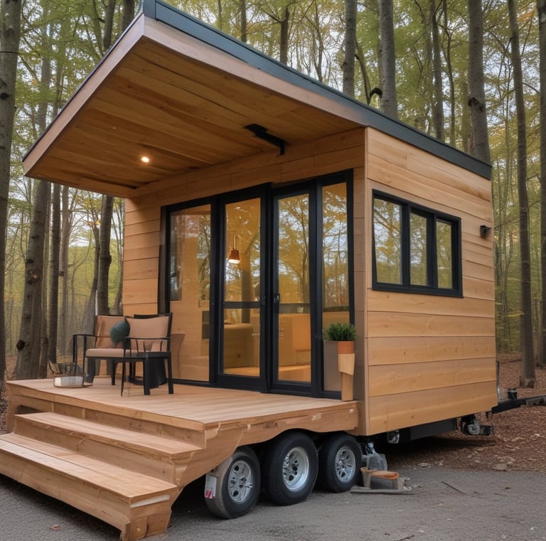 a tiny house with a wooden deck and stairs