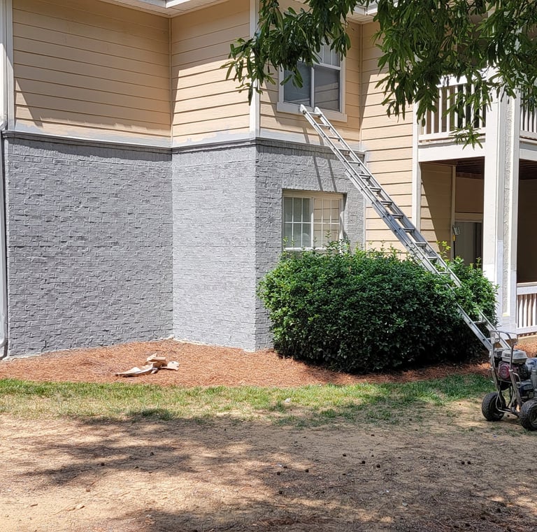 "Exterior house painting project in progress with industrial spray machine and ladder, by Garnet Painting & Remodeling in Dou
