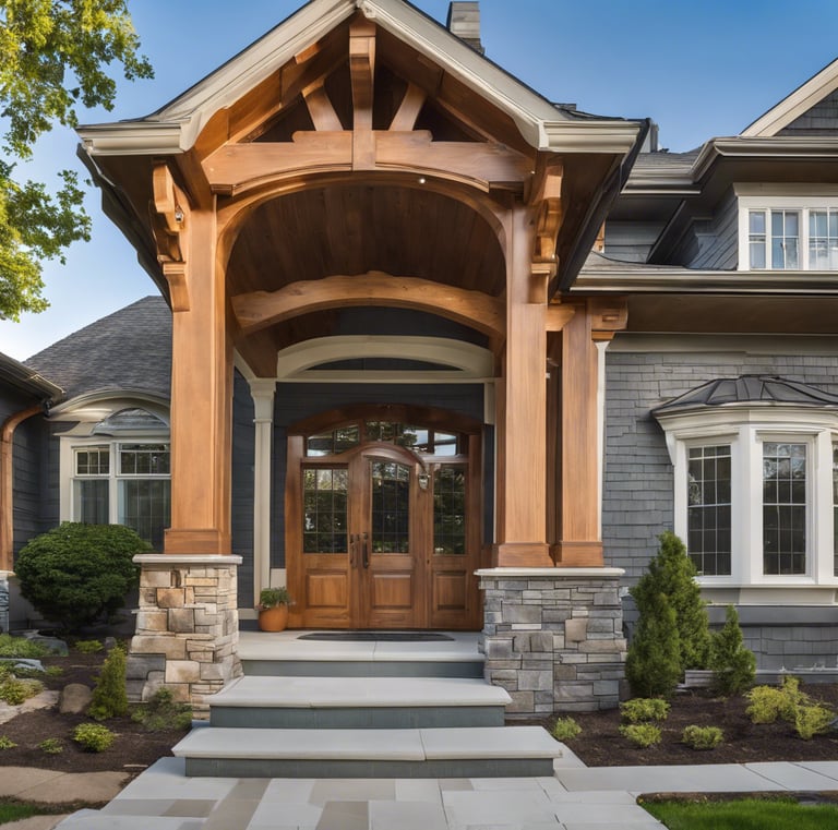a house with a wooden door and a stone walkway
