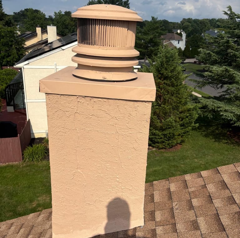 A newly waterproofed and resurfaced chimney with a modern round chimney cap, installed by Roslyn Chimney in Roslyn, New York