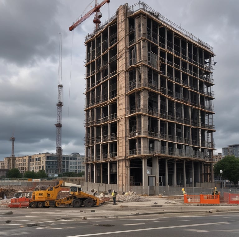 a large brick building with a tall brick building in the background
