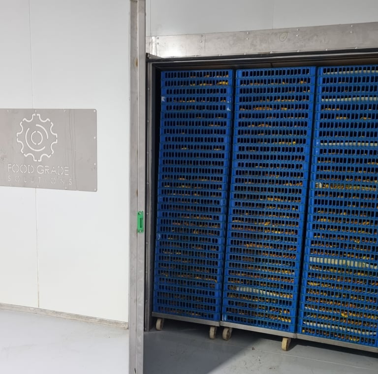 Fruit dryer stacked with drying racks with mango slices