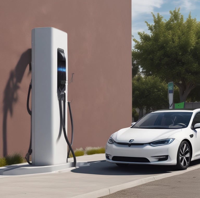 A wide shot of multiple electric vehicles lined up at a charzup station under clear blue skies.