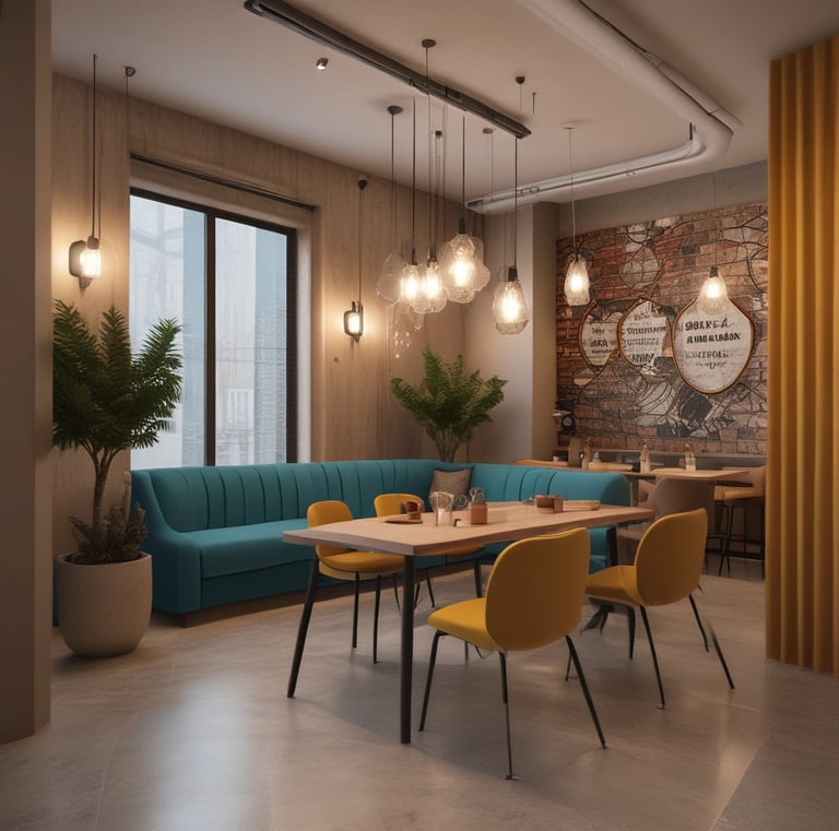 An elegant interior space featuring a high ceiling with layered geometric designs illuminated by warm orange and yellow lights. There are wooden furnishings, including chairs and tables. Decorative elements such as intricate wall carvings and large arched mirrors are present. Potted plants and ambient lighting from lamps on side tables enhance the decor.