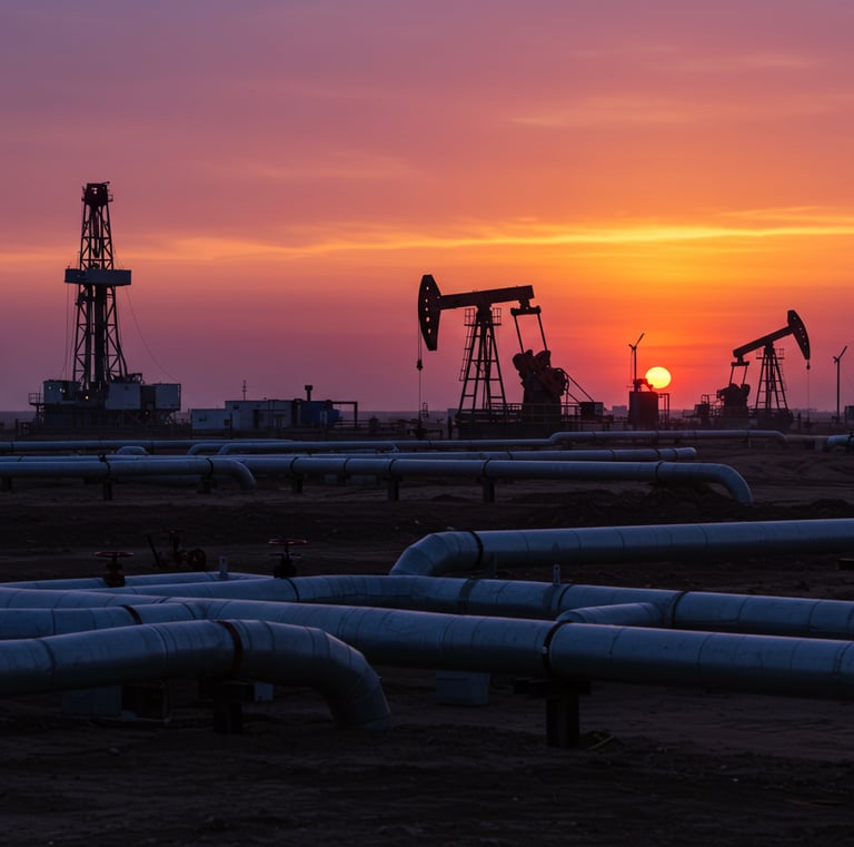 a sunset over a large oil rig with oil pumps