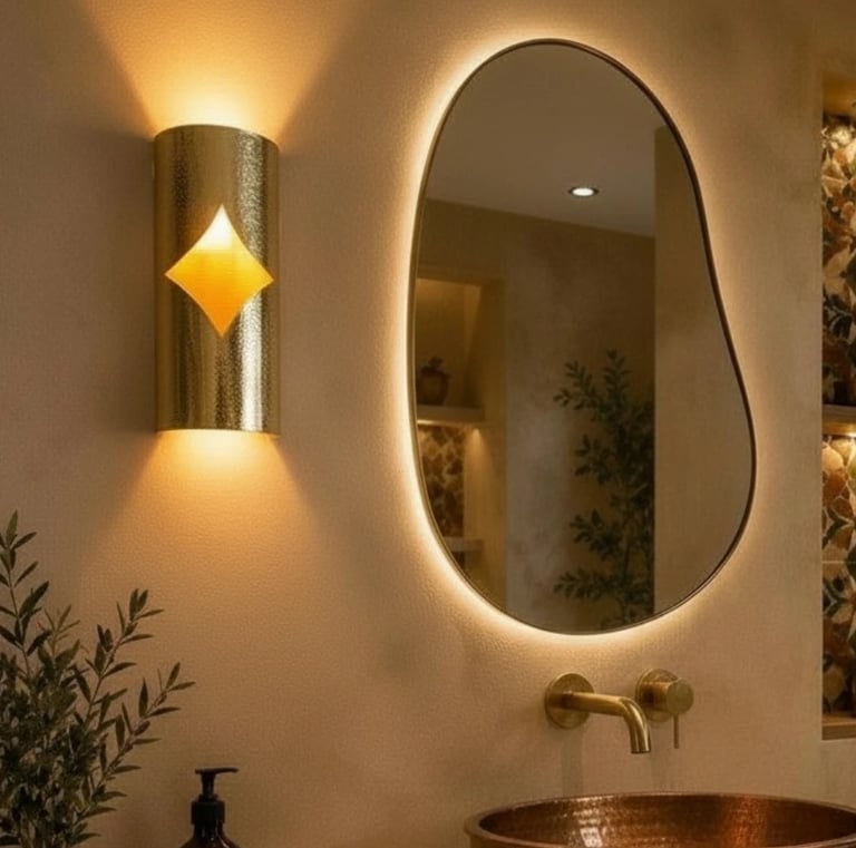 Modern bathroom with a backlit organic shaped mirror, gold wall sconce, and copper sink basin.