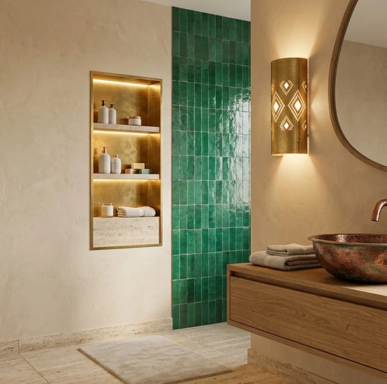 Luxury bathroom with green zellige tiles, a copper vessel sink, and gold recessed shelving.