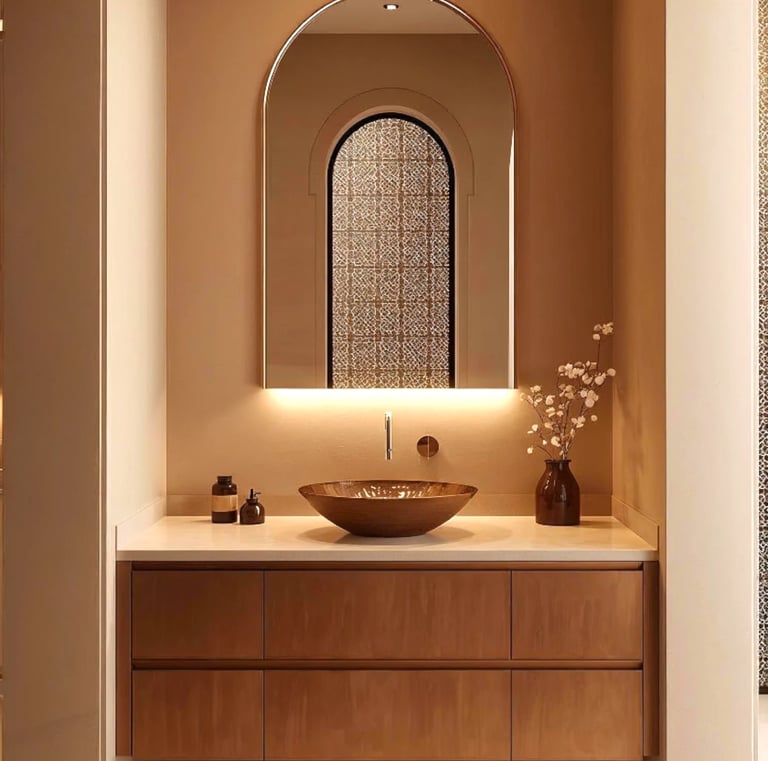 Salle de bain marocaine moderne avec vasque en cuivre artisanal, meuble bois suspendu et miroir arche éclairé.