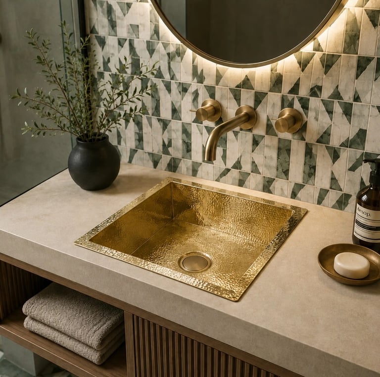 Luxury bathroom vanity featuring a hammered gold drop-in sink with brass wall-mount faucet and green mosaic tile.