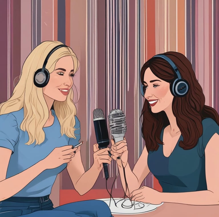 A podcast or radio host is seen speaking into a microphone, captured both directly and through the screen of a smartphone. The screen displays a live broadcast view with social media interactions. The background includes blurred signage, and the setting appears to be a studio with brick walls.