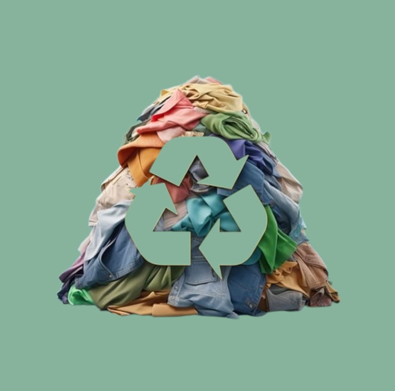 Pile de tissus colorés sur fond vert avec symbole de recyclage, illustration de l’upcycling UP2MEL