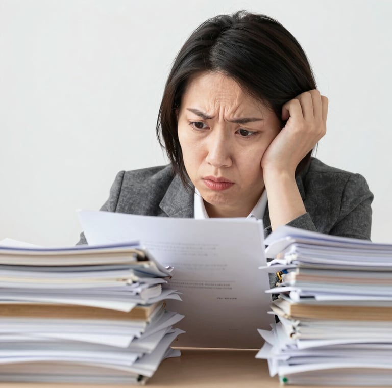 Stressed business looks frustrated while reviewing paperwork; there is a stack untouched. 