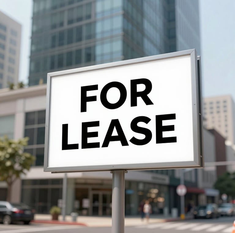 A white 'For Lease' sign stands in front of a modern commercial office building in a city.