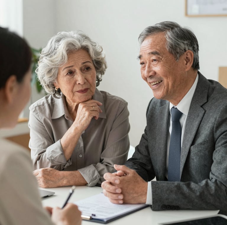 An elderly couple discusses financial planning with a consultant in a bright office.