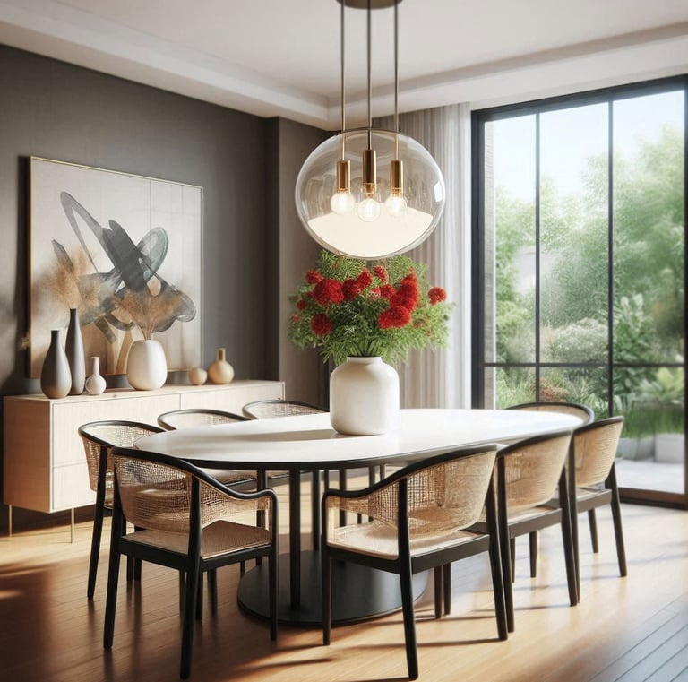 Wizualizacja nowoczesnej jadalni z rattanowymi krzesłami i dekoracjami