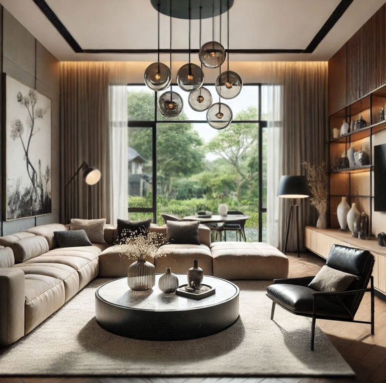 Fotorealistyczna wizualizacja nowoczesnego salonu w ciepłych kolorach ziemi z dużym oknem