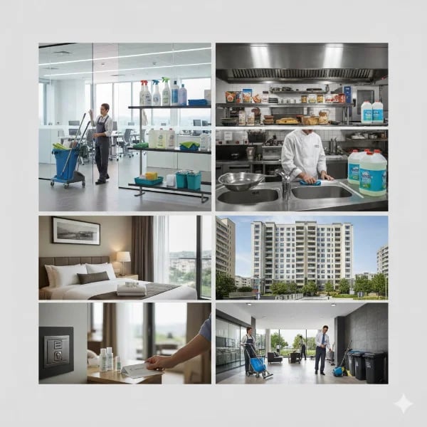 Commercial offices, hospitality, and food service environments supported by janitorial and facility supply services