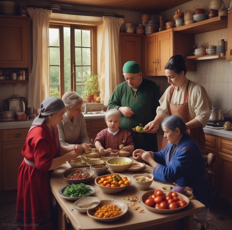 A family preparing tolma in a cozy kitchen setting.