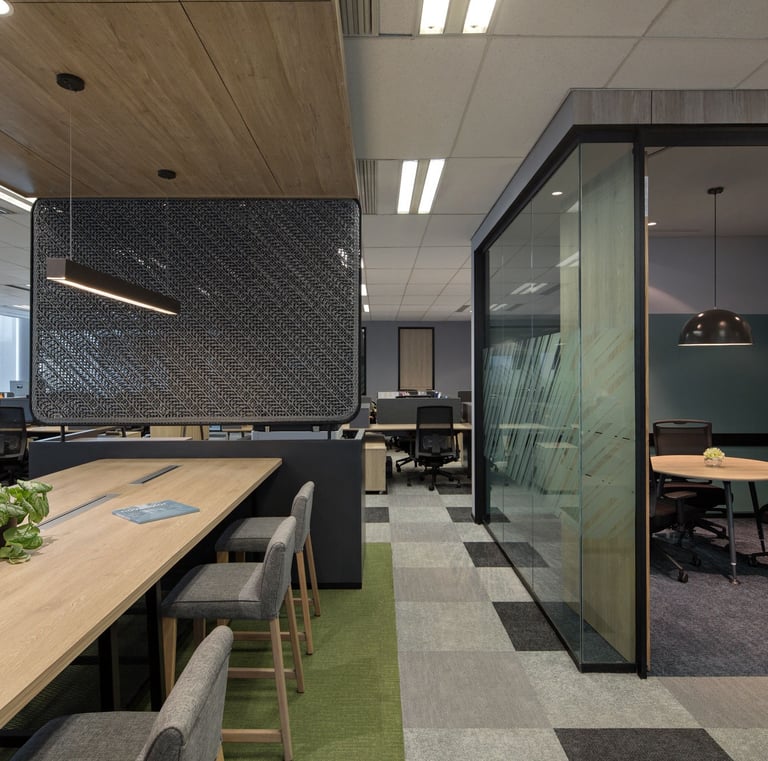 a conference room with a table and chairs