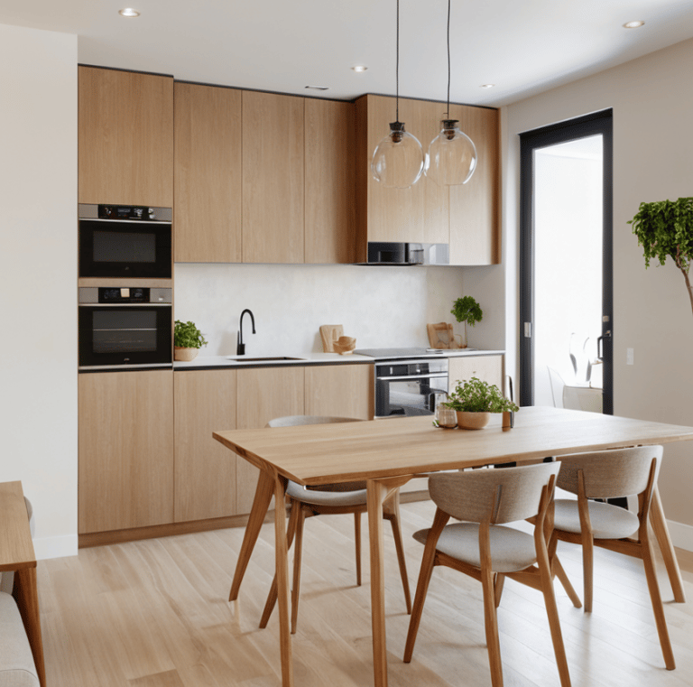 a kitchen with a table and chairs and a table