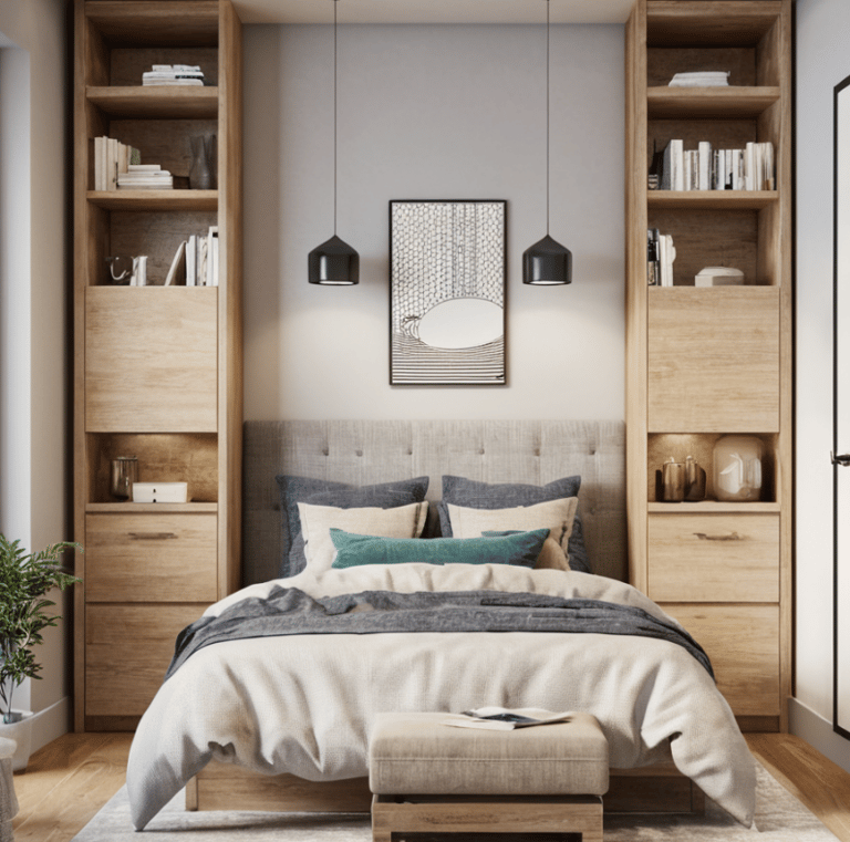 a bedroom with a bed and a bench in the middle of the room